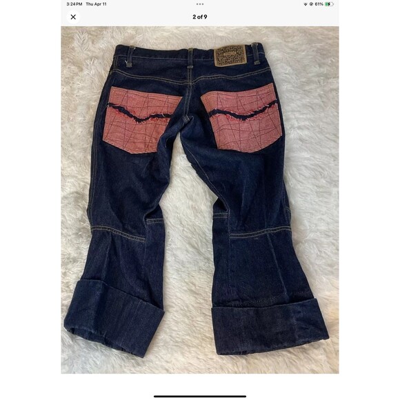 Christopher NEMETH Vintage Dark Denim Red Gingham Patchwork Cropped Jeans Small - Picture 2 of 9